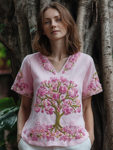 Women's Tree Of Life Breast Cancer Ribbon T-shirt
