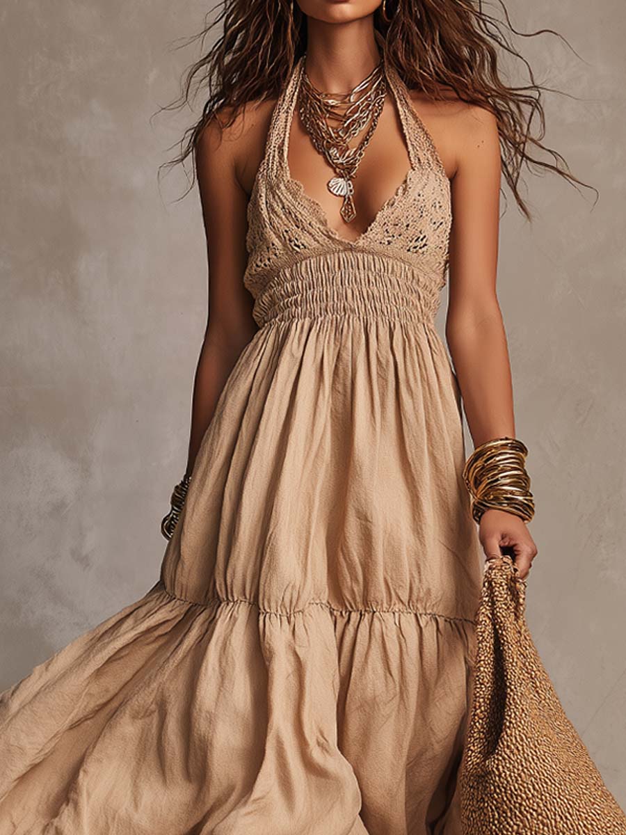 Vintage Lace Halter-Neck Cotton-Linen Maxi Dress
