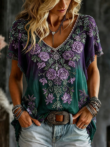 Women's Retro Romantic Rose Embroidery Pattern Casual T-shirt