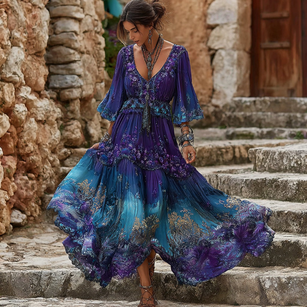 Women's Purple Floral Embroidery Gradient Casual V-neck Dress