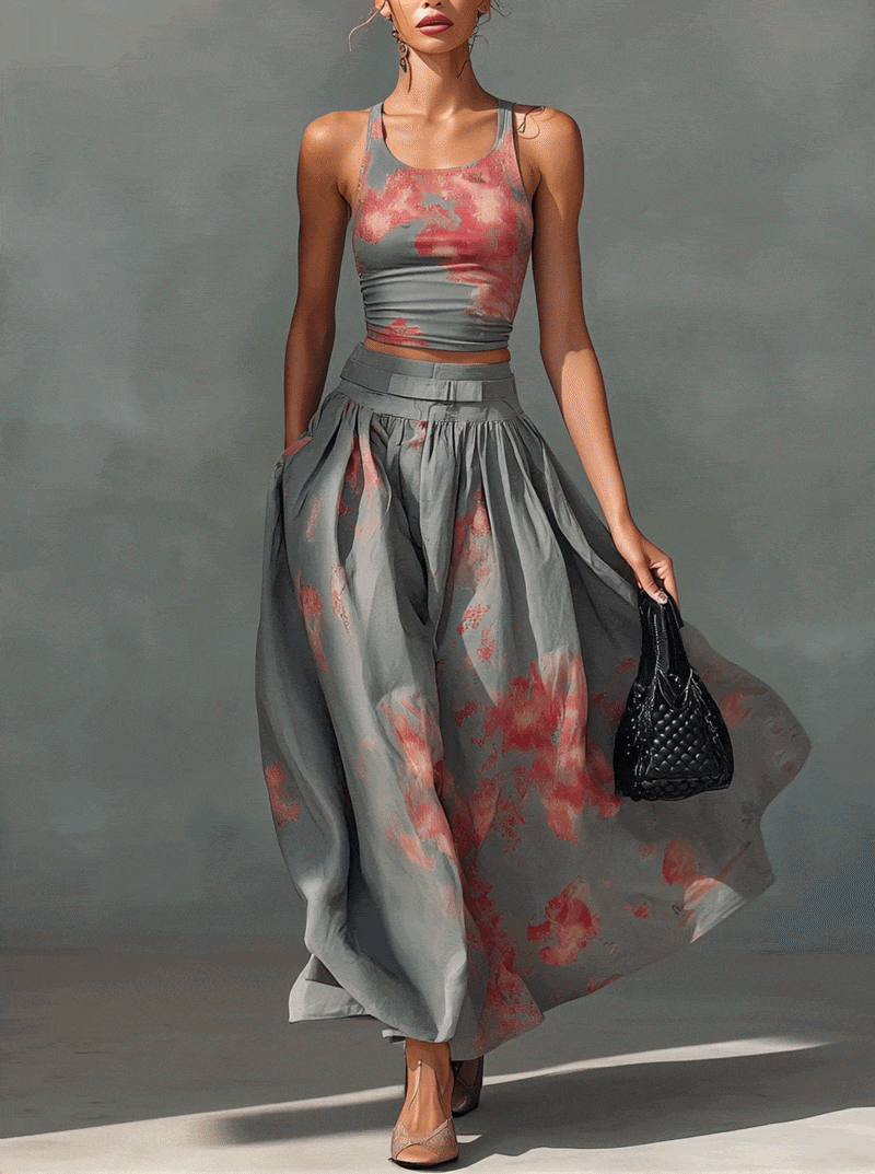 Gray Patterned Stretch Top and Cotton Skirt Set