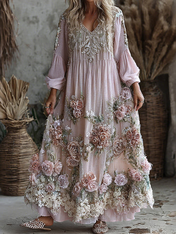 Women's Retro Floral Art Flowy Linen Blend Casual Long Sleeve Maxi Dress