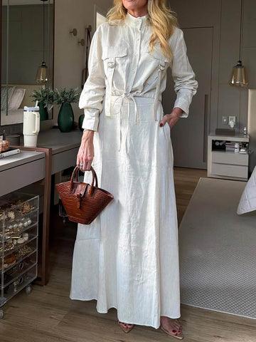 Women's Solid-color Stand-collar Long-sleeve Loose-fit Cotton-linen Top And High-waisted Loose-fit Cotton-linen Skirt Set