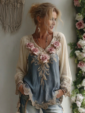 Women's Vintage Pink Rose Embroidery V Neck Long Sleeve T-shirt