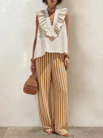 Women's V-neck Lace Striped Pants Set