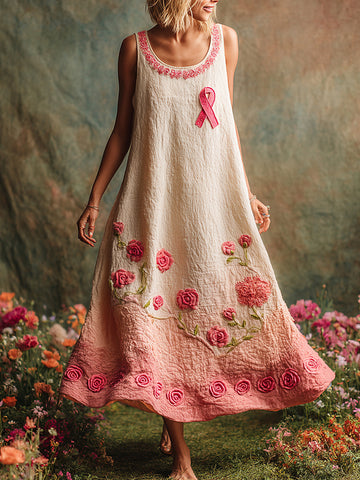 Pink Floral Embroidered Gradient Linen Tank Maxi Dress