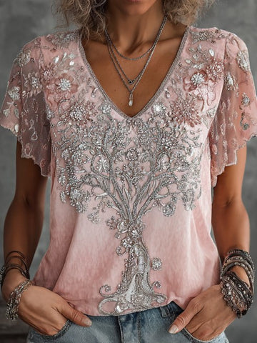 Women's Bohemian Tree Of Life Printed Cotton And Linen Comfortable V-neck T-shirt