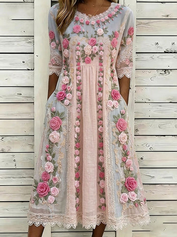 Women's Vintage Floral Embroidered Art Round Neck Midi Dress